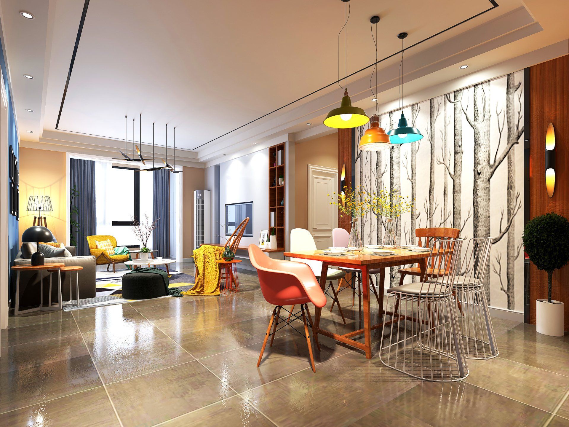a living room with a dining room table and chairs