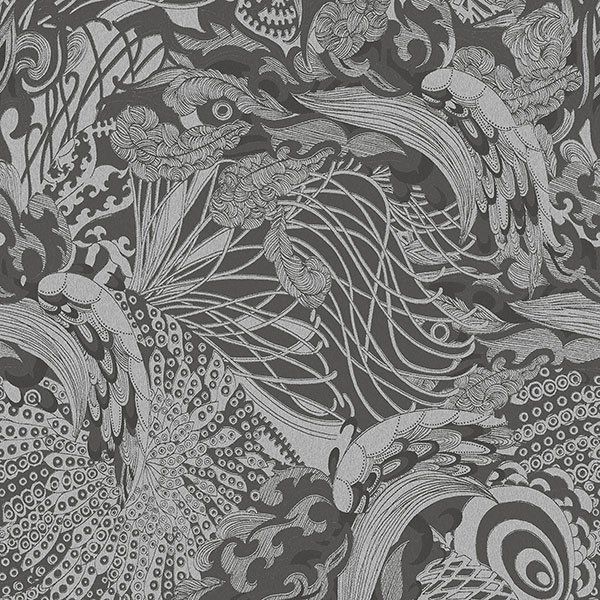 a black and white drawing of a peacock on a black background .