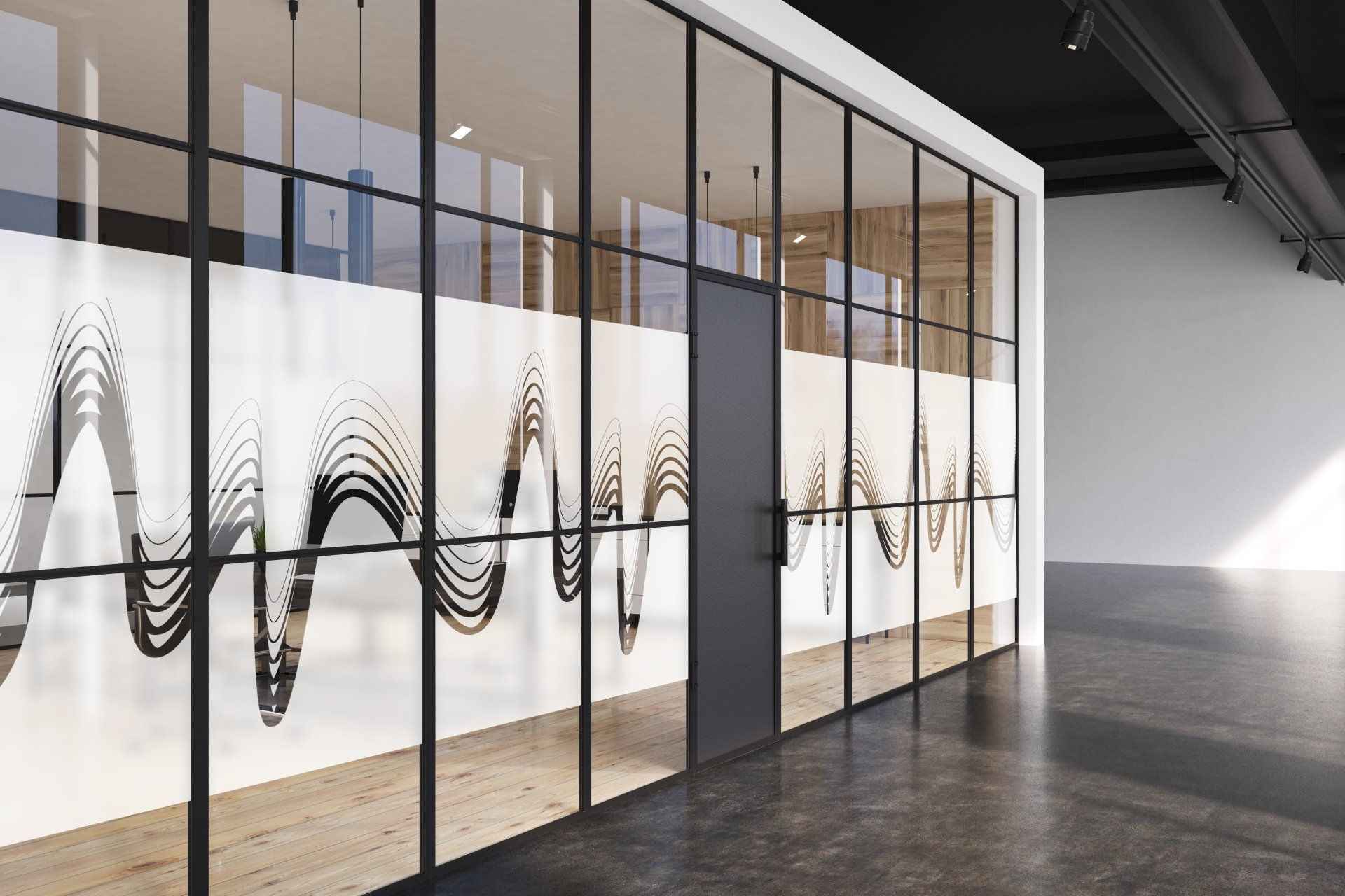 an empty room with a wave pattern on the windows