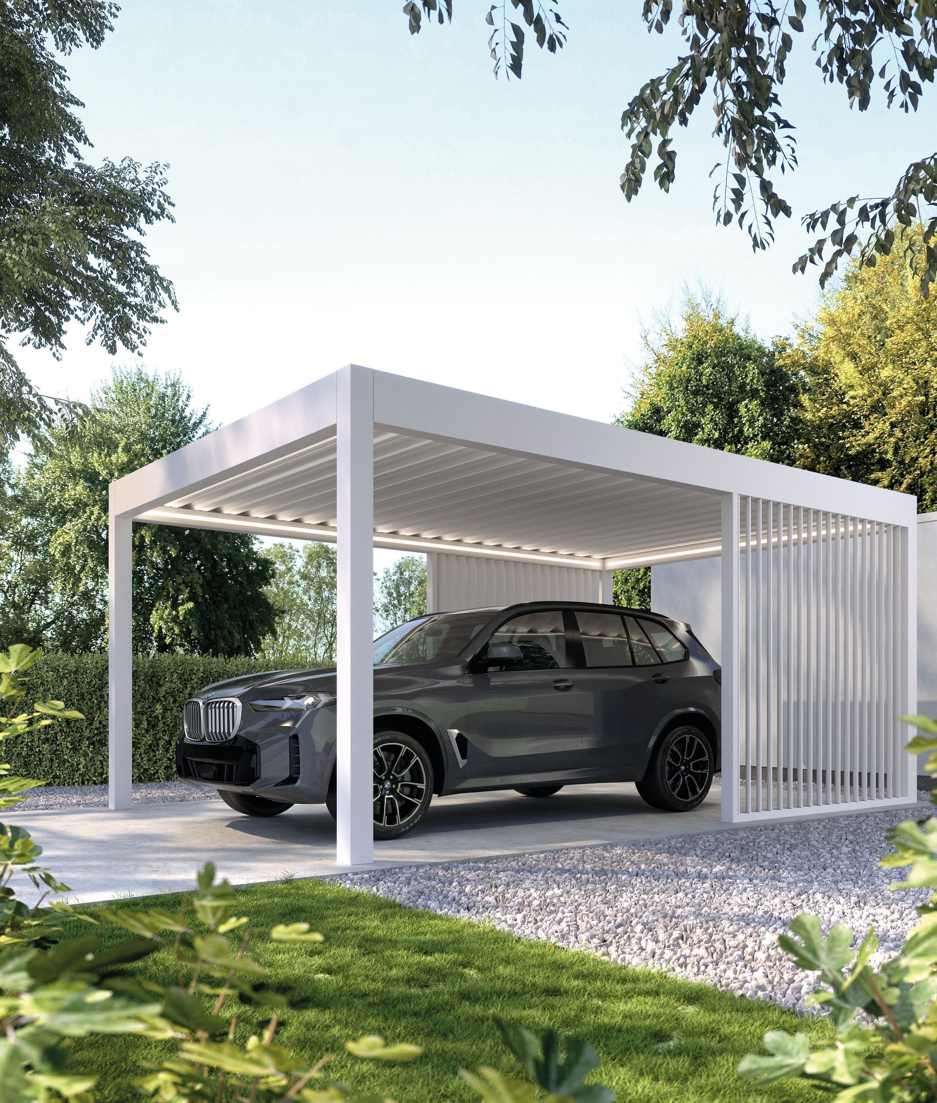 Deponti premium Pinel Carport in almnium with a BMW SUV parked beneth the illminated canopy.
