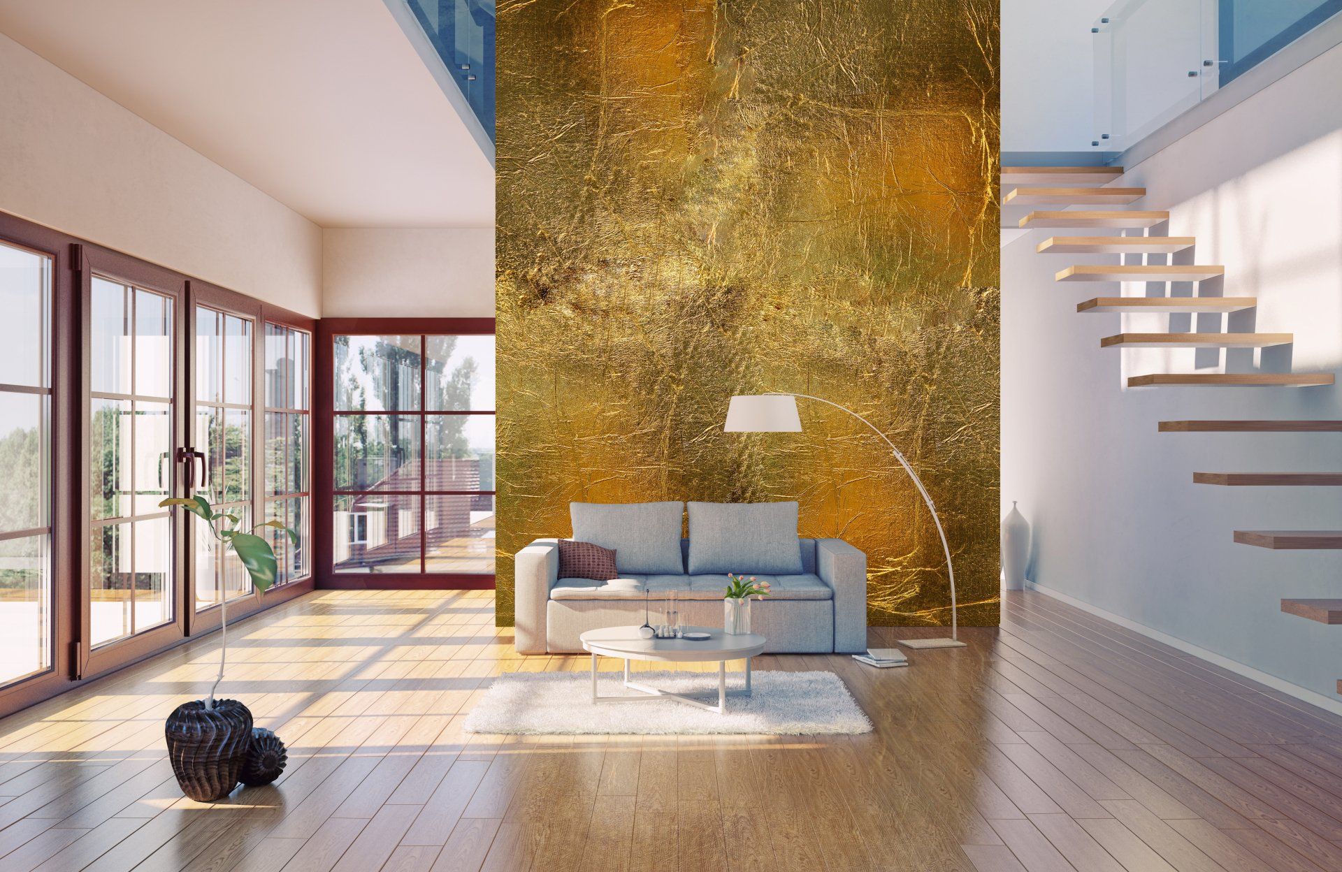 a living room with a gold wall and stairs