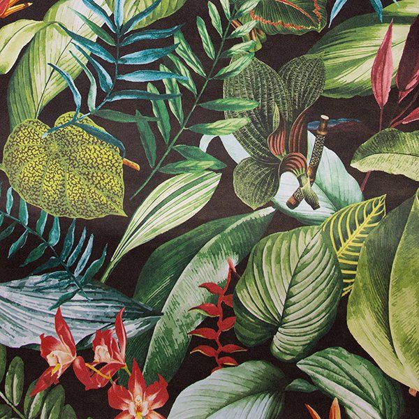a painting of tropical leaves and flowers on a black background