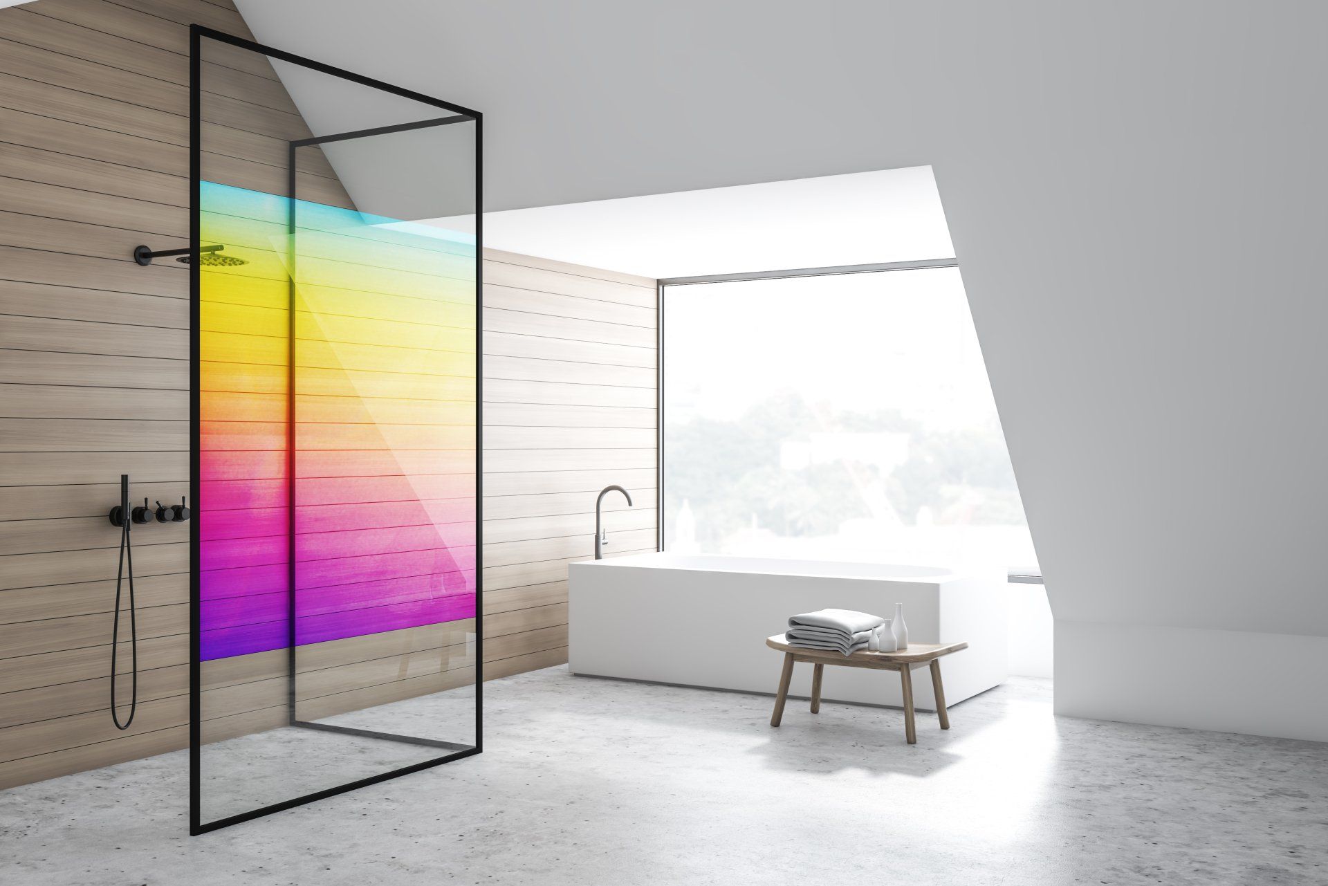 a bathroom with a bathtub and a walk in shower