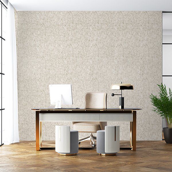 a modern office with a desk , chair , lamp and computer .