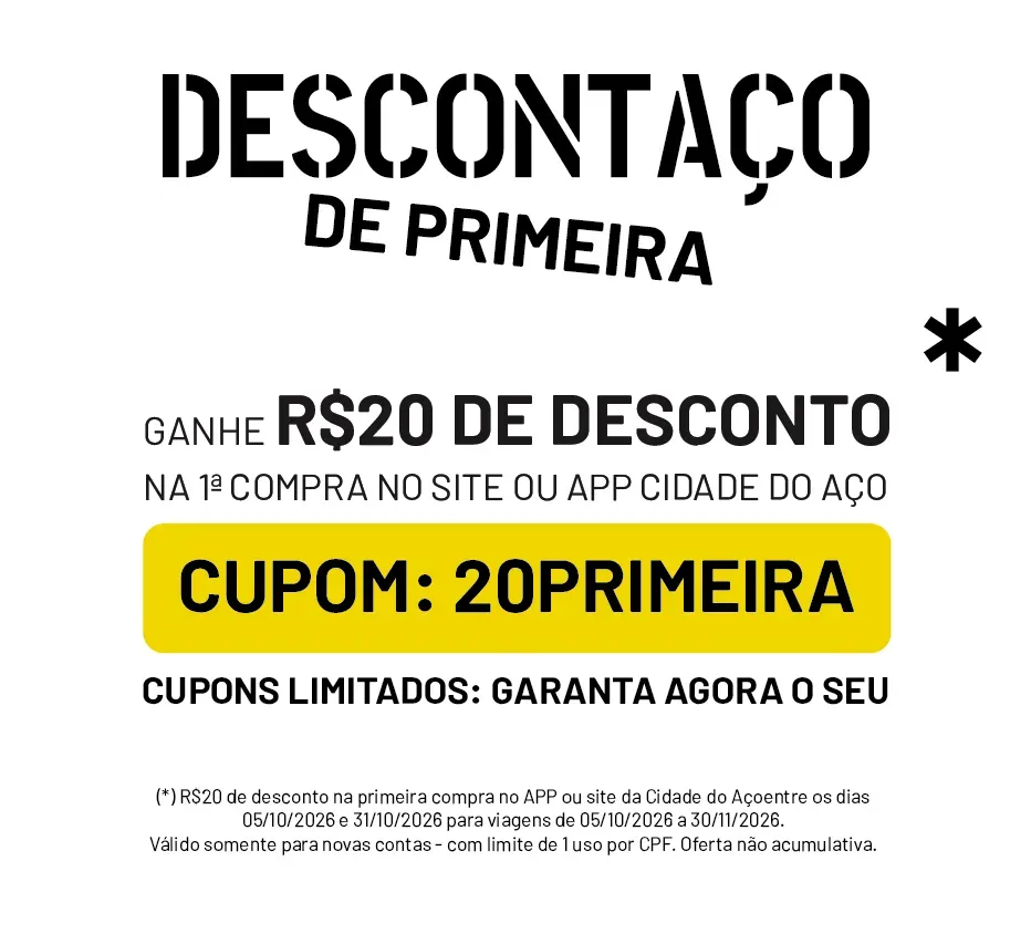 Texto promocional em fundo branco: “Isso é viajar” em laranja e preto, com frase “partiu curtir a vida de corpo e alma.”
