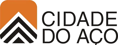 Logo “Cidade do Aço” em preto e laranja com símbolo geométrico à esquerda
