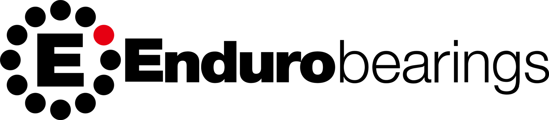 The logo for enduro bearings is black and white with a red circle in the middle.