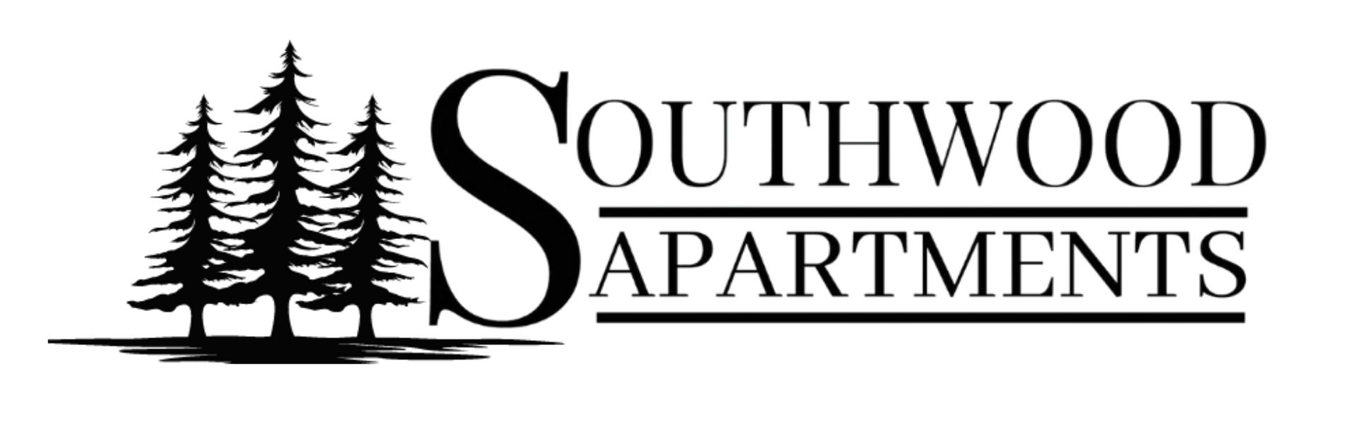 A logo for Southwood Apartments, featuring three black pine tree silhouettes next to the text 