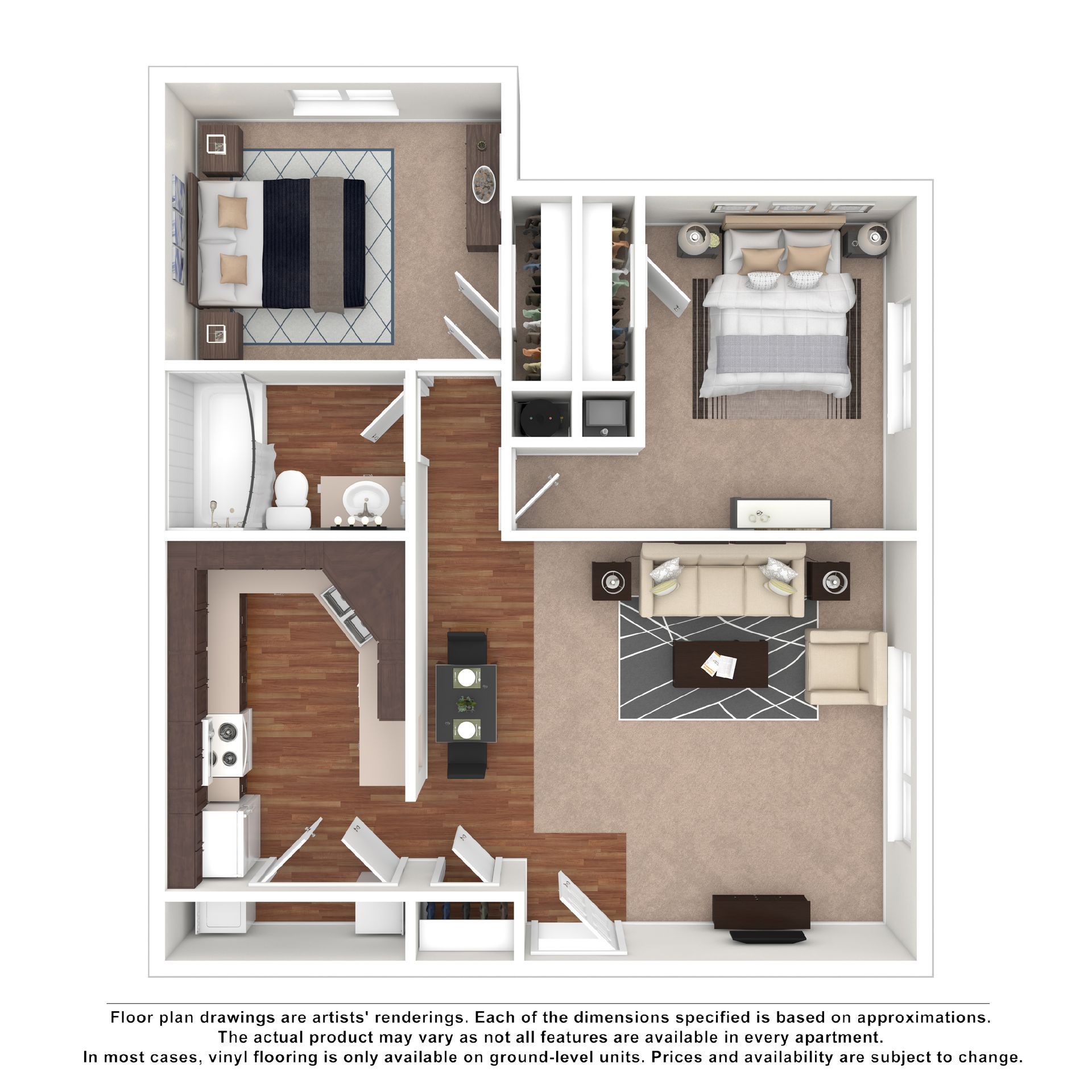 Floor plan of a two-bedroom, one-bathroom apartment with an open-concept kitchen, dining area, and living room.