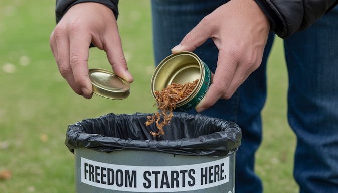Close-up of 1 person's hands holding an open tin and pouring out the chewing tobacco into a trash bin labeled “Freedom Starts Here.