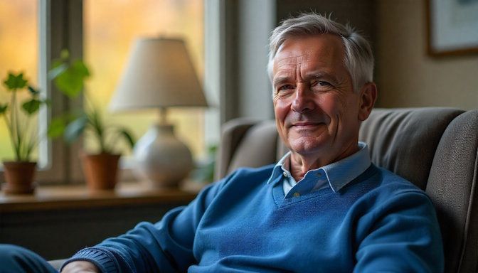 middle-aged Caucasian man with short gray hair, wearing a blue sweater, sitting in a comfortable therapy chair in a cozy Minneapolis office