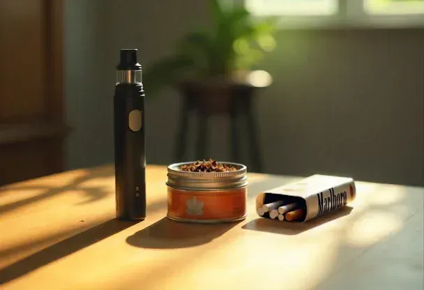 photo of a vape pen, tin with smokeless tobacco, and a pack of cigarettes on a table with sun shining on the table.