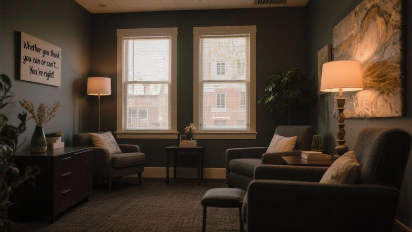 A warm and comfy Minneapolis hypnosis office interior with calming decor and a darker but warm natural light coming through the windows