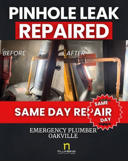 Emergency plumber Oakville repairing pinhole copper pipe leak on water heater same day before basement flooding