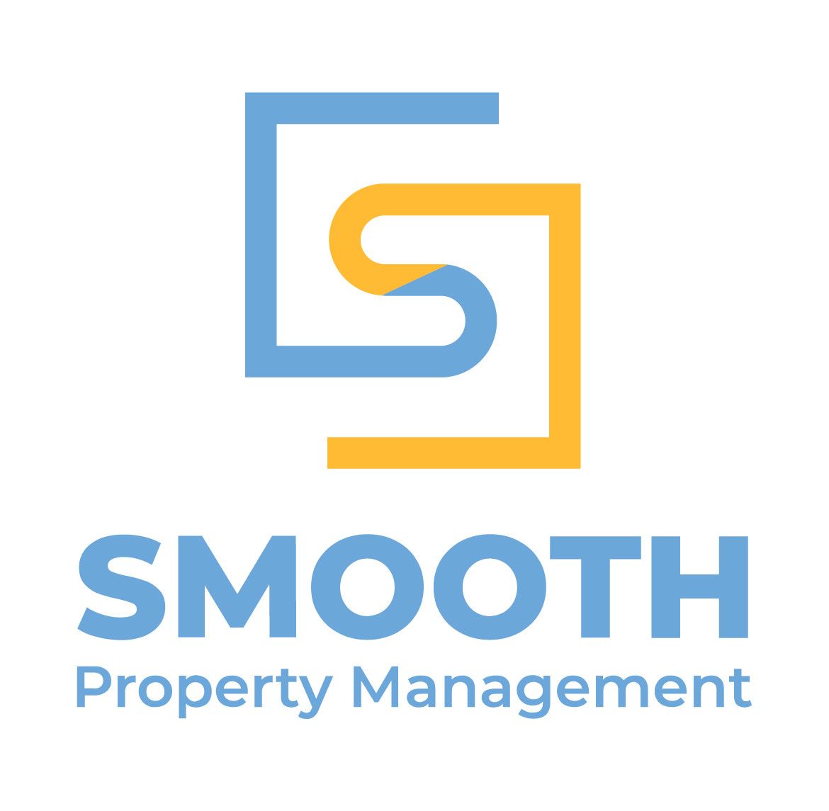 Logo for Smooth Property Management, featuring blue and yellow overlapping square and 