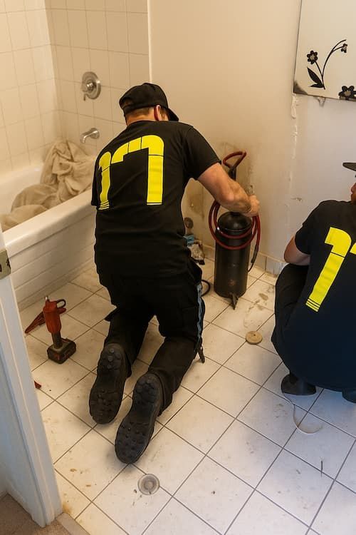 Licensed plumbers from 17 Plumbing & Construction Design Ltd removing a bathroom vanity and toilet during a residential bathroom renovation in Mississauga.