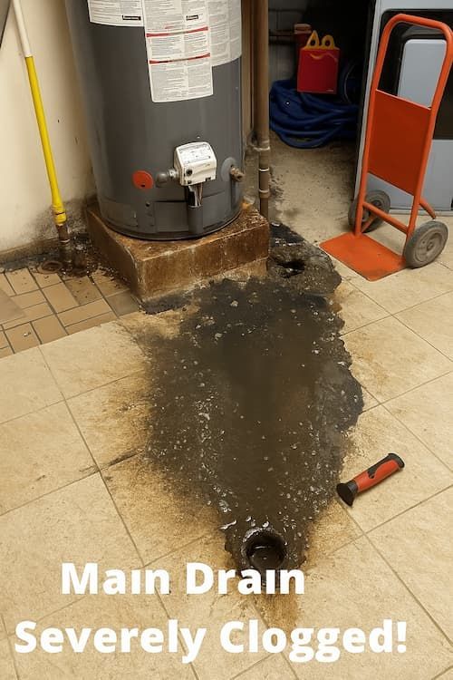 Major drain backup and flooding near a water heater in a commercial facility.