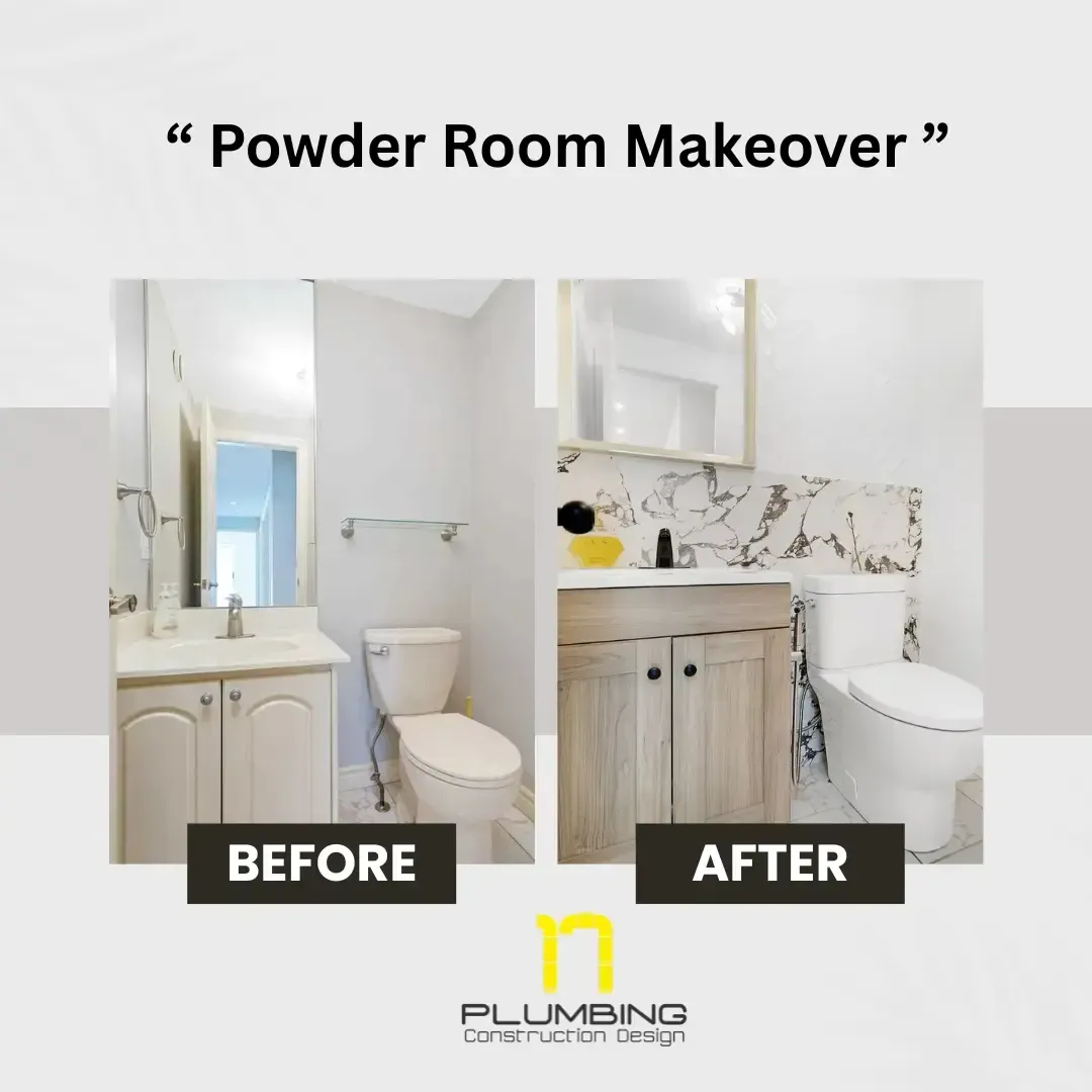 Oakville powder room plumbing before and after by 17 Plumbing, showing toilet installation, vanity plumbing, faucet and drain connections, waterline work, leak protection, and emergency plumber Oakville service.