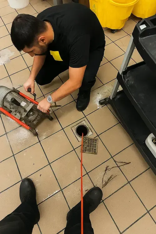 Plumber performing floor drain snaking service in Oakville to remove blockage from main drain line