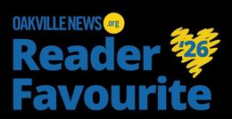 Oakville News Reader Favourite 2026 graphic in blue, black and yellow with bold text and leaf icon