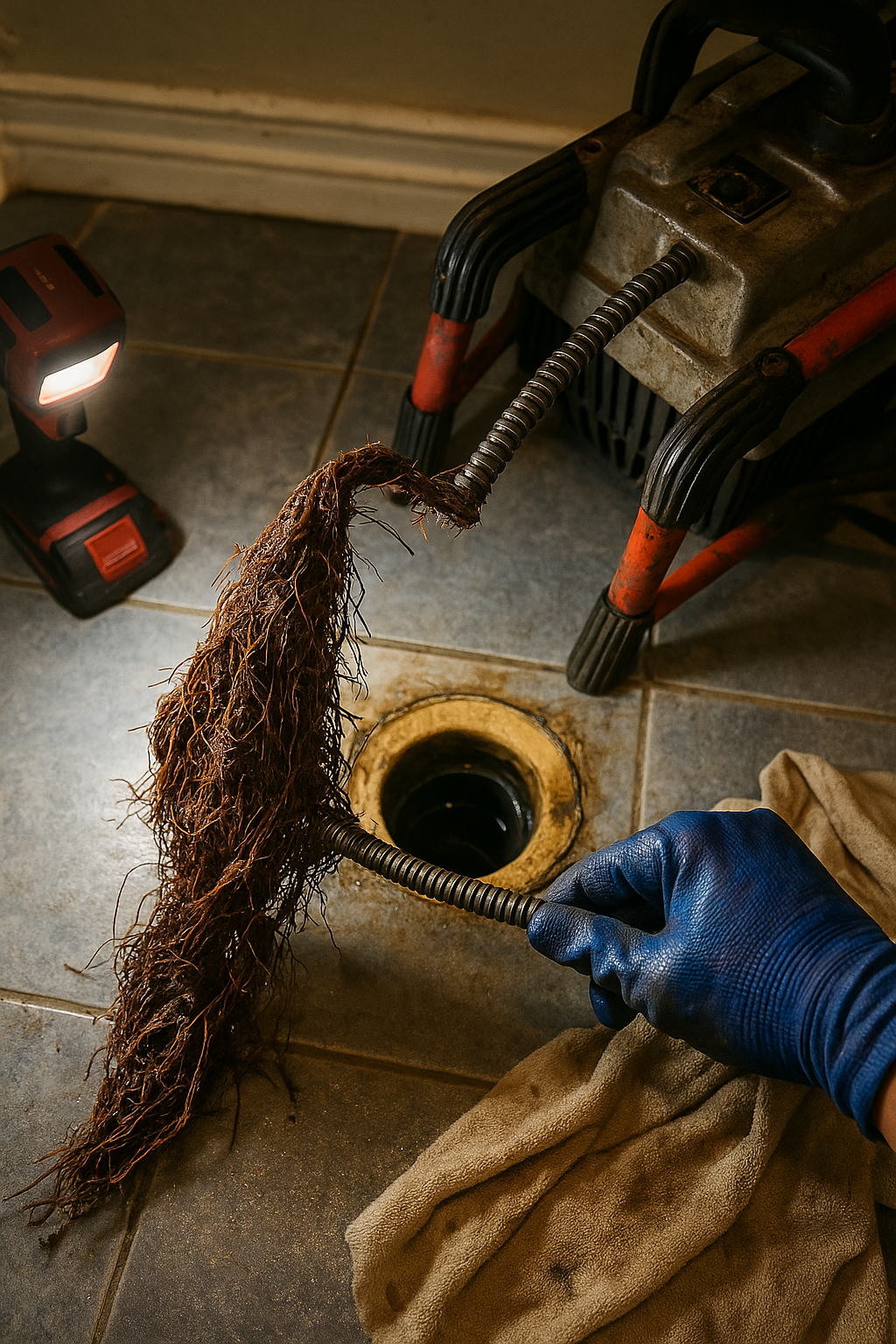 Main sewer line clogged with tree roots in Oakville requiring drain cleaning