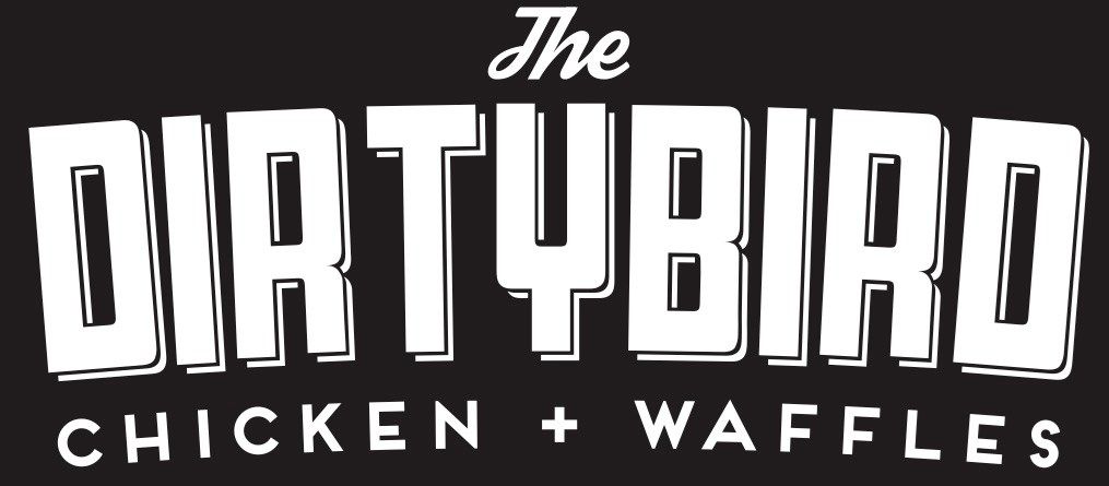 The Dirtybird Chicken + Waffles logo on black background. White block letters say 