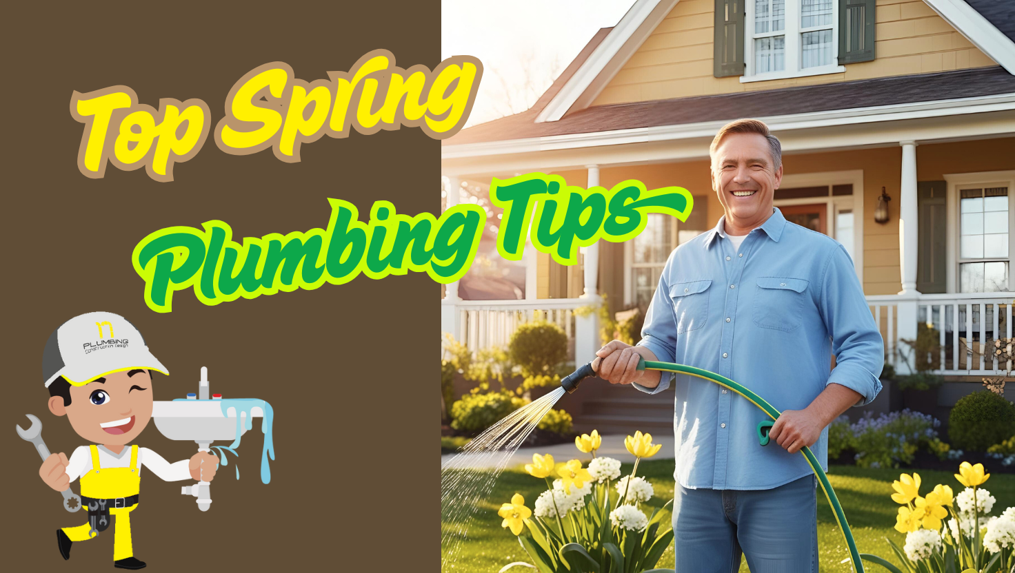 A man is holding a hose in front of a house.