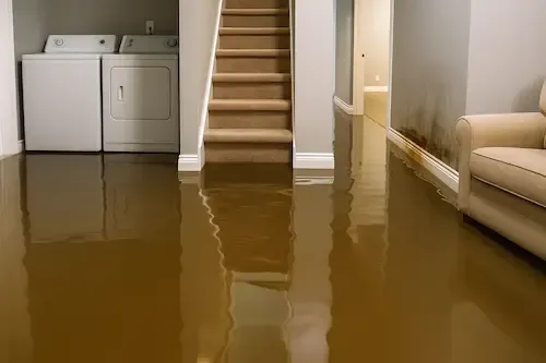 Flooded residential basement with brown murky water covering the floor, partially submerging a washer, dryer, carpeted stairs, and beige armchair.