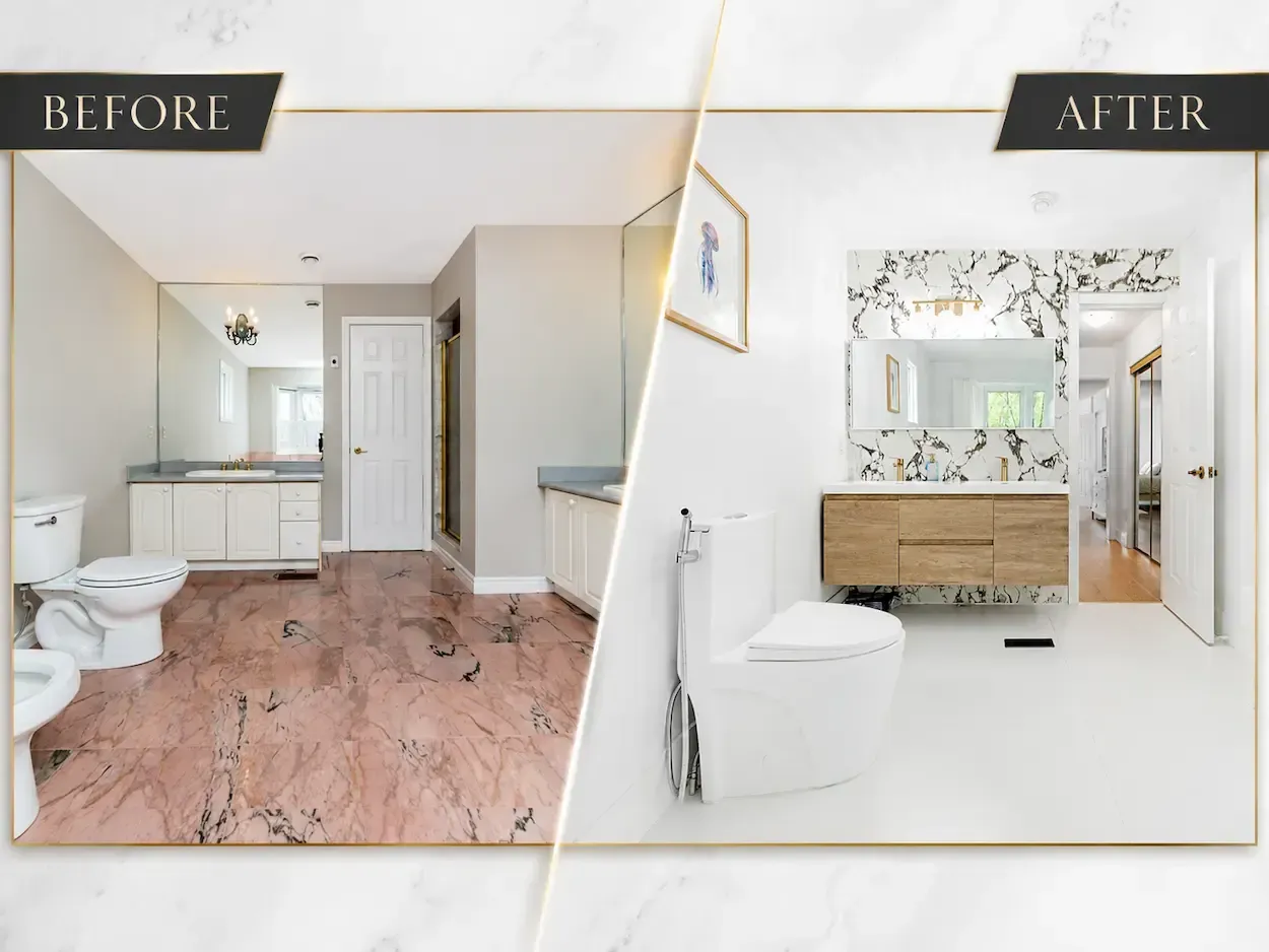 Bathroom plumbing before and after with toilet, vanity, drain, shower, and waterline installation by 17 Plumbing, emergency plumber Oakville for leak repair, fixture upgrades, and renovation plumbing.