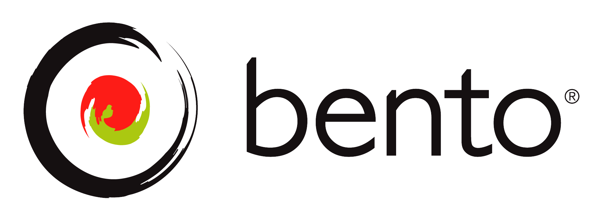 Logo: black swirl around sushi-like design with red and green, and word 