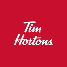 Tim Hortons logo with white script on a red background.