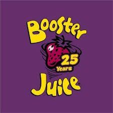 Booster Juice logo: yellow text on purple background with strawberry graphic. Celebrates 25 years.