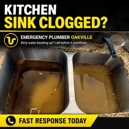Kitchen sink clog in Oakville with dirty water backup. Emergency plumber Oakville service for blocked sinks and urgent drain cleaning.