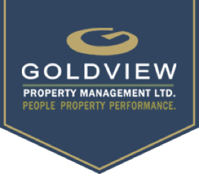 Goldview Property Management logo, blue and gold shield, text: Goldview, Property Management Ltd., People Property Performance.