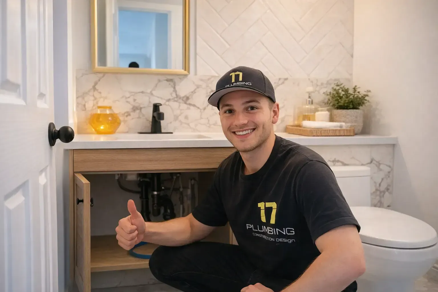 Licensed emergency plumber Oakville on-site repairing bathroom sink and vanity plumbing Emergency plumber Oakville fixing bathroom sink drain and vanity plumbing during urgent repair service