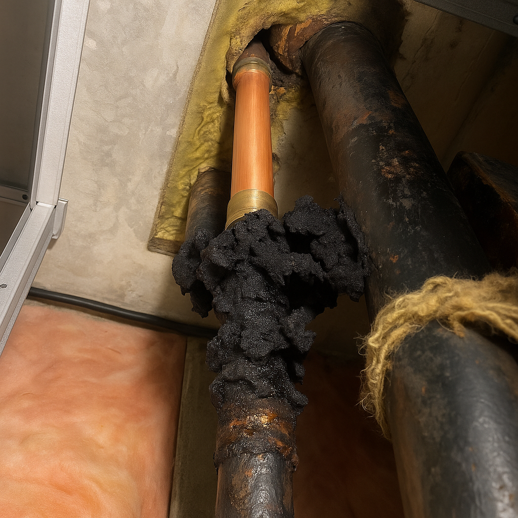 A close up of a copper pipe with a black substance coming out of it