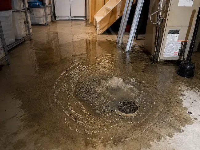 Emergency plumber Oakville responding to sewage backup coming up through a basement floor drain caused by a clogged main sewer line in an Oakville home.