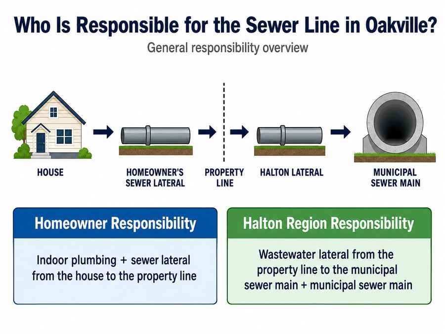 Diagram showing sewer line responsibility in Oakville, including the homeowner sewer lateral, property line, Halton Region lateral and municipal sewer main.