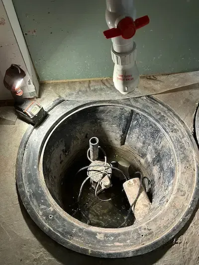 Emergency sump pump failure in Oakville basement causing water buildup in sump pit