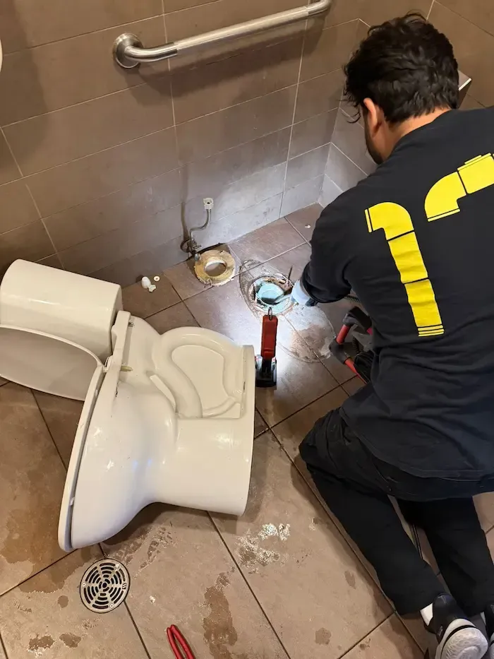 Close-up of plumber snaking toilet drain after removing toilet fixture in a commercial restroom, Oakville.
