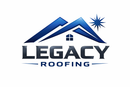 Legacy Roofing logo with blue roof peaks and starburst icon on a white background