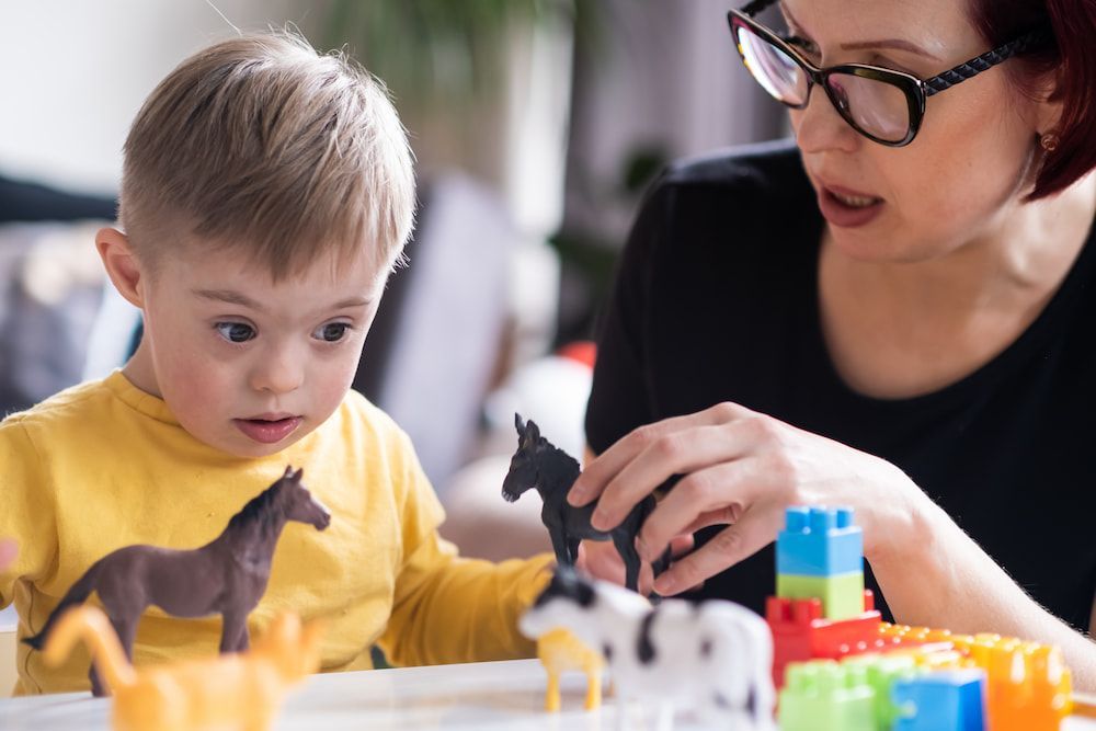 A Woman is Playing With a Child Who Has Down Syndrome — Care FNQ Pty Ltd in Atherton, QLD