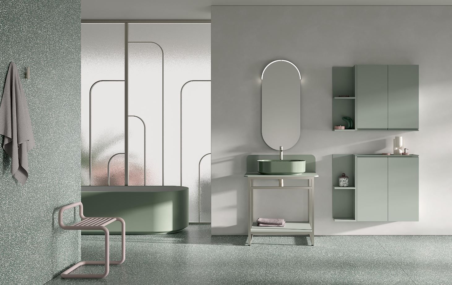 Un bagno con lavandino, specchio e vasca.