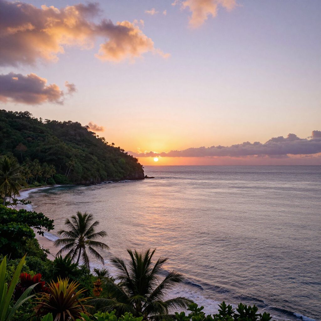 Puesta de sol sobre una cala tropical con palmeras y exuberante vegetación verde.