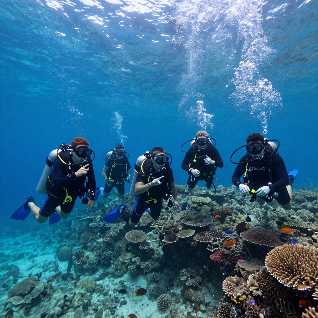 Buceadores explorando un arrecife de coral en aguas cristalinas del océano, con burbujas elevándose.
