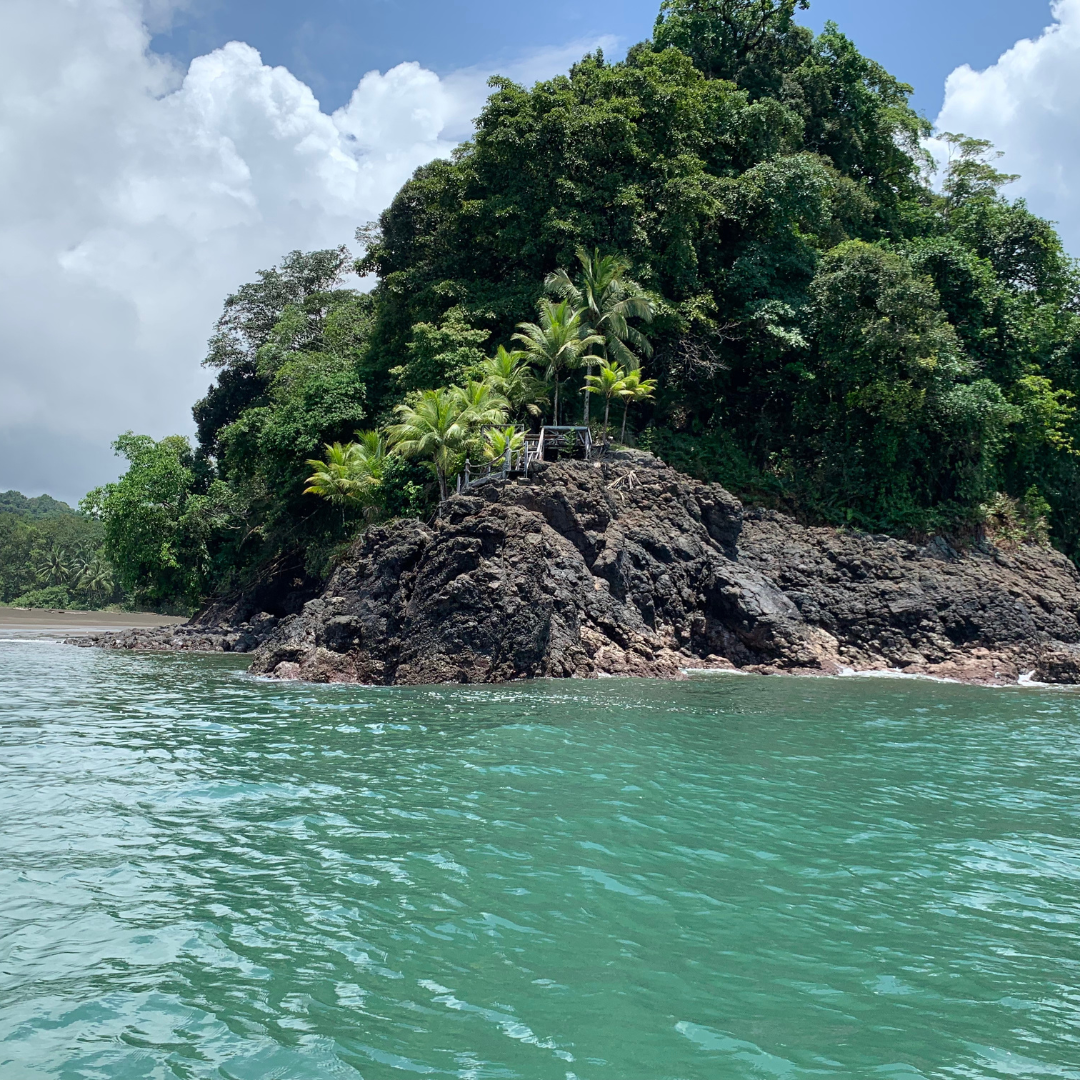 Isla con exuberantes árboles verdes y agua turquesa bajo un cielo nublado.