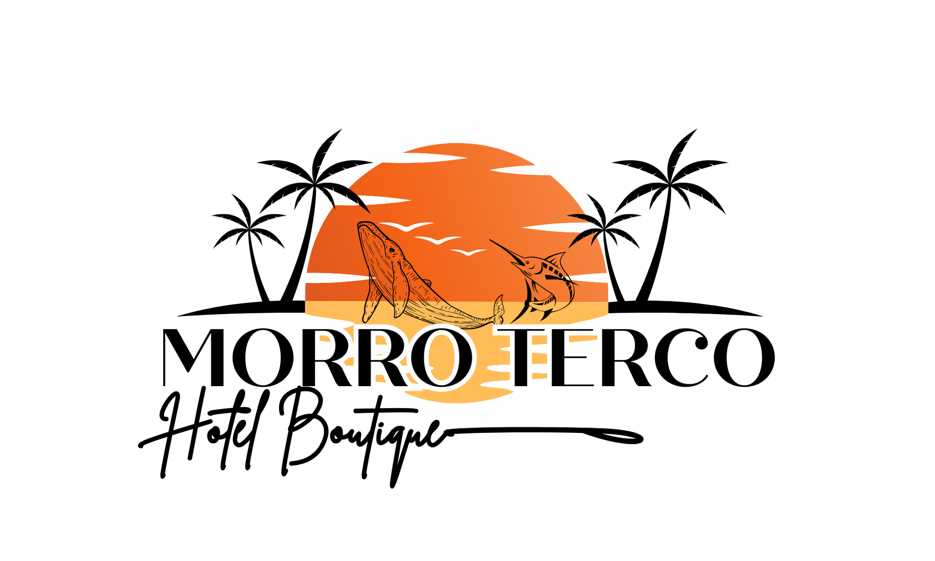 Logotipo del Hotel Boutique Morro Terco con puesta de sol, palmeras y vista al mar.