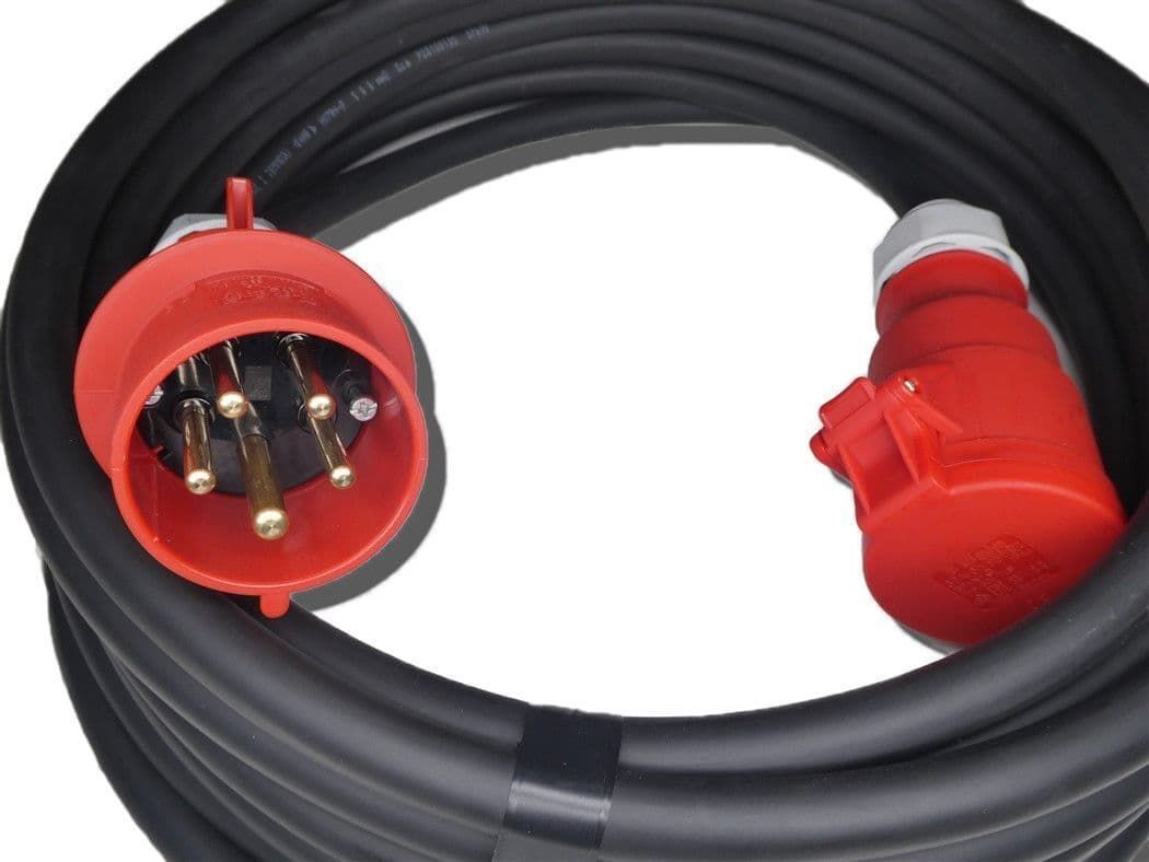 A red plug is attached to a black cable