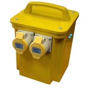 A yellow transformer with two outlets and a handle