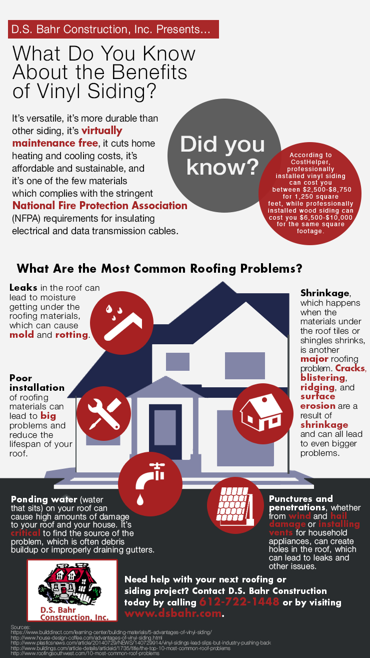 Infographic about vinyl siding benefits and roofing problems, with a house illustration and text.
